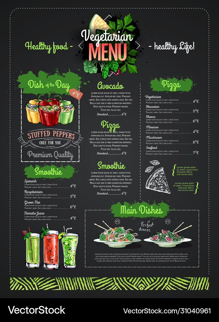 Vegetarian menu design with vegan meals Royalty Free Vector