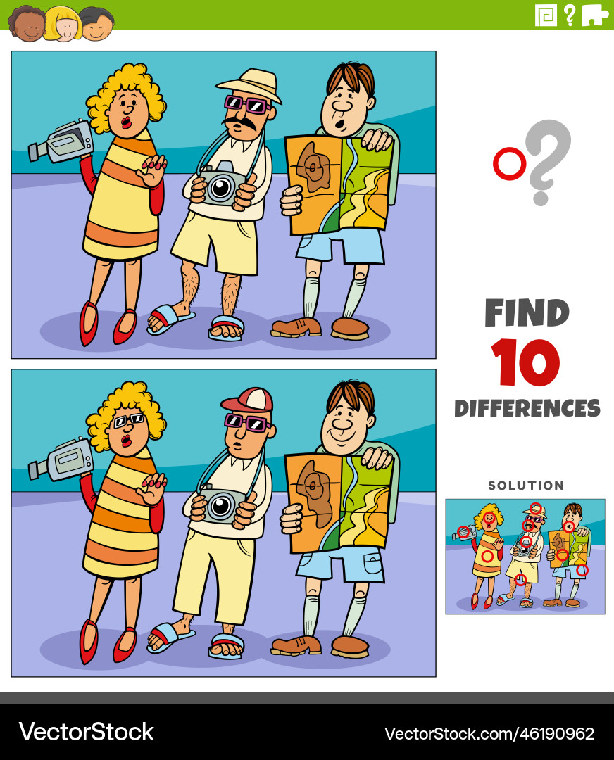 Differences game with cartoon tourists characters Differences game with cartoon tourists characters vector image