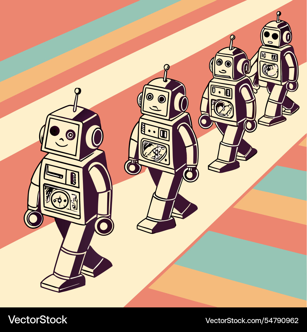 Retro futuristische Roboter in Wiederholungsreihen vektorbild