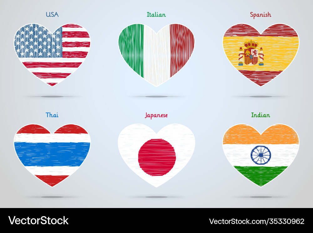 Set flags in shape hearts Set flags in shape hearts vector image