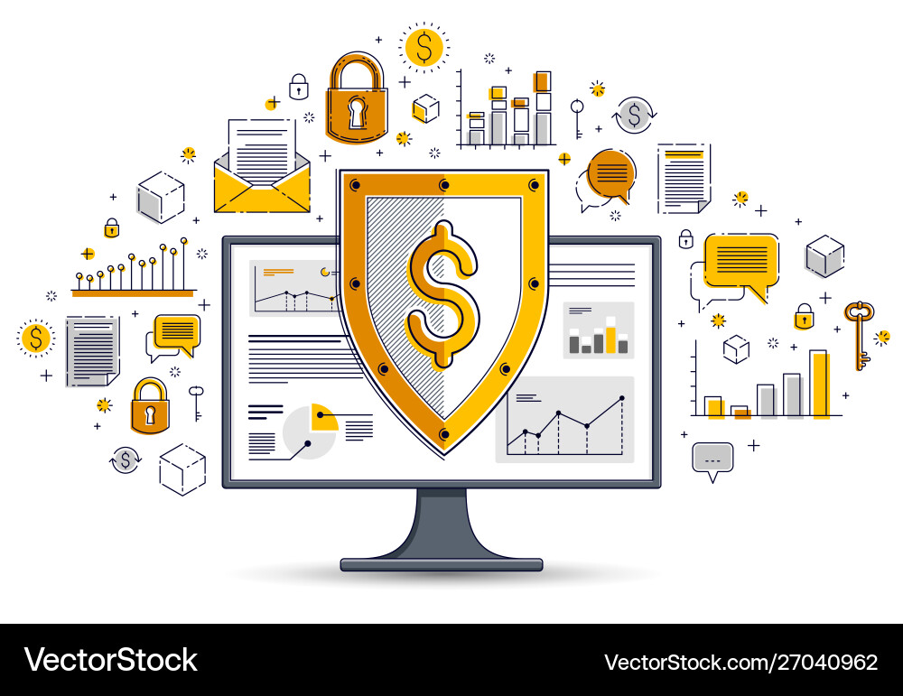 Shield over computer monitor and dollar set Shield over computer monitor and dollar set vector image