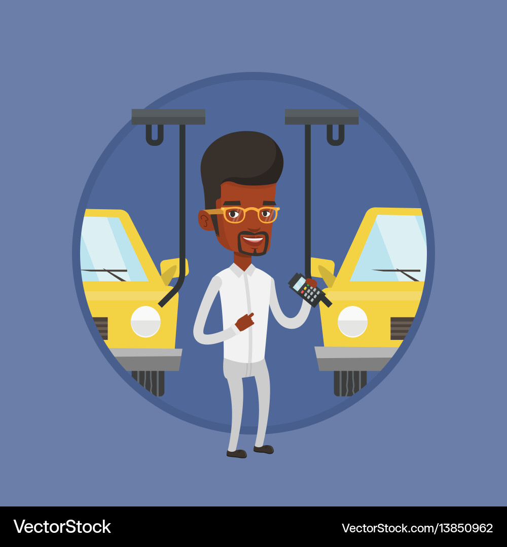 Worker controlling automated assembly line for car Worker controlling automated assembly line for car vector image