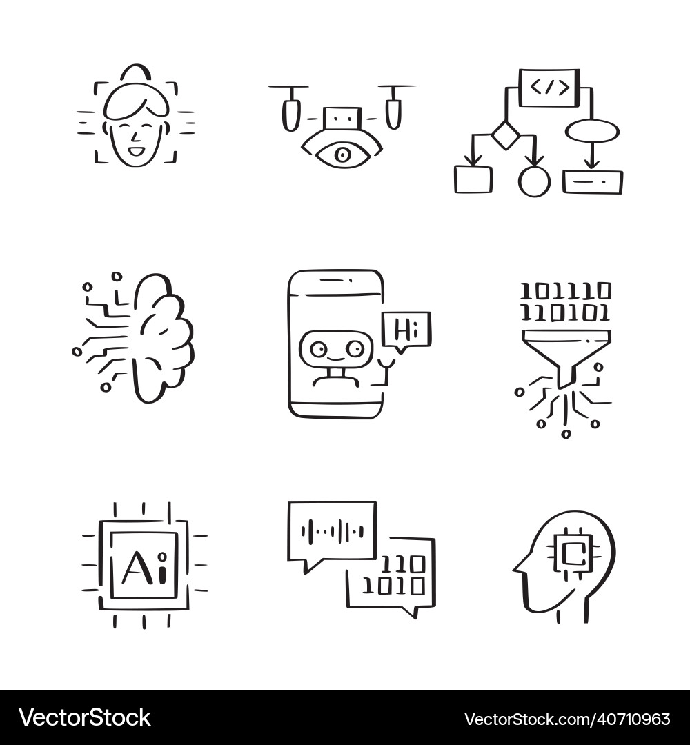 Artificial intelligence doodle icons set big data Vector Image