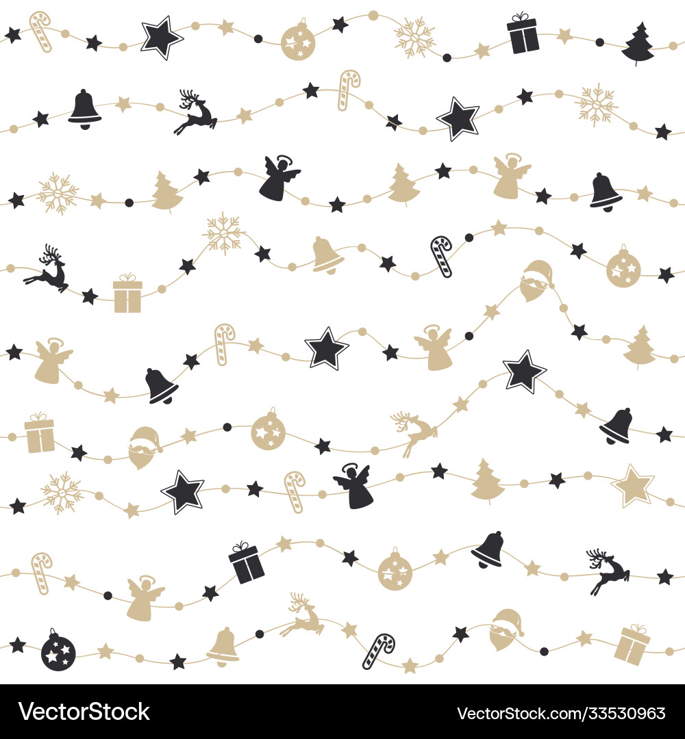 Christmas golden black ornaments on rope line Christmas golden black ornaments on rope line vector image