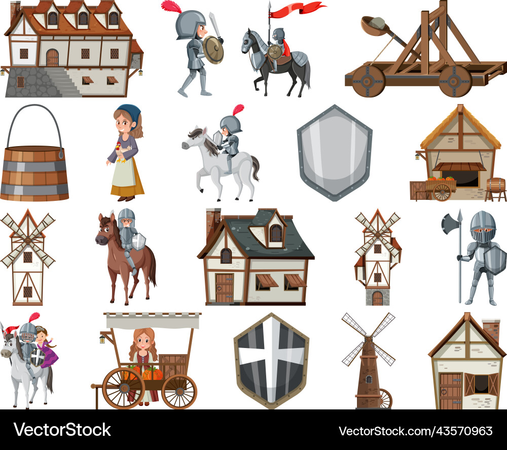 Medieval cartoon characters and objects vector image