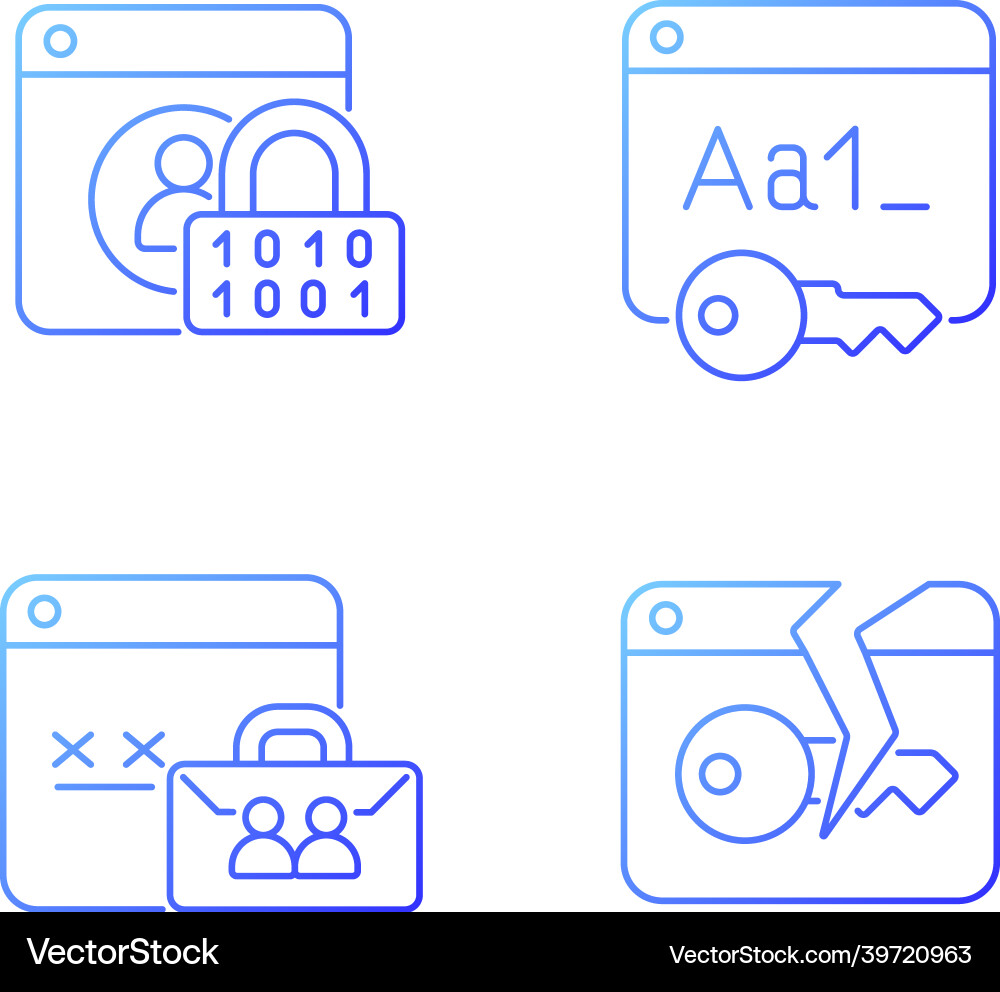 Passwort Verschlüsselung Gradienten lineare Icons gesetzt Vektorbild