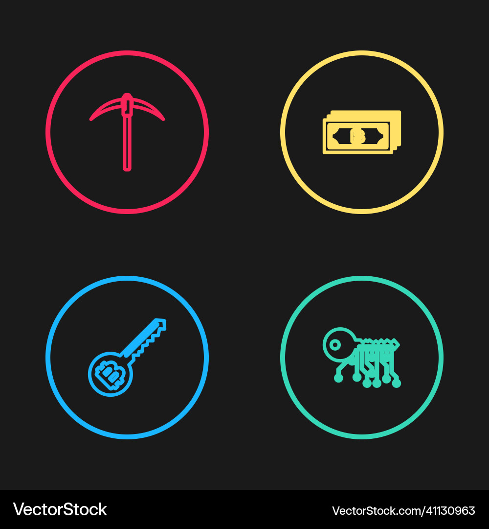 Set line cryptocurrency key bitcoin and pickaxe Set line cryptocurrency key bitcoin and pickaxe vector image