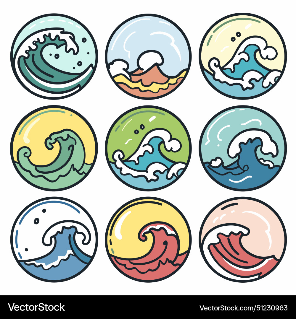 Set nine colorful wave icons contained within vector image