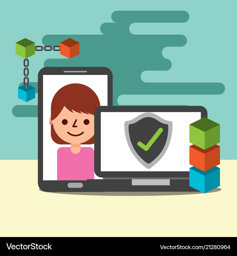 Laptop cellphone check mark blockchain e-commer Vector Image