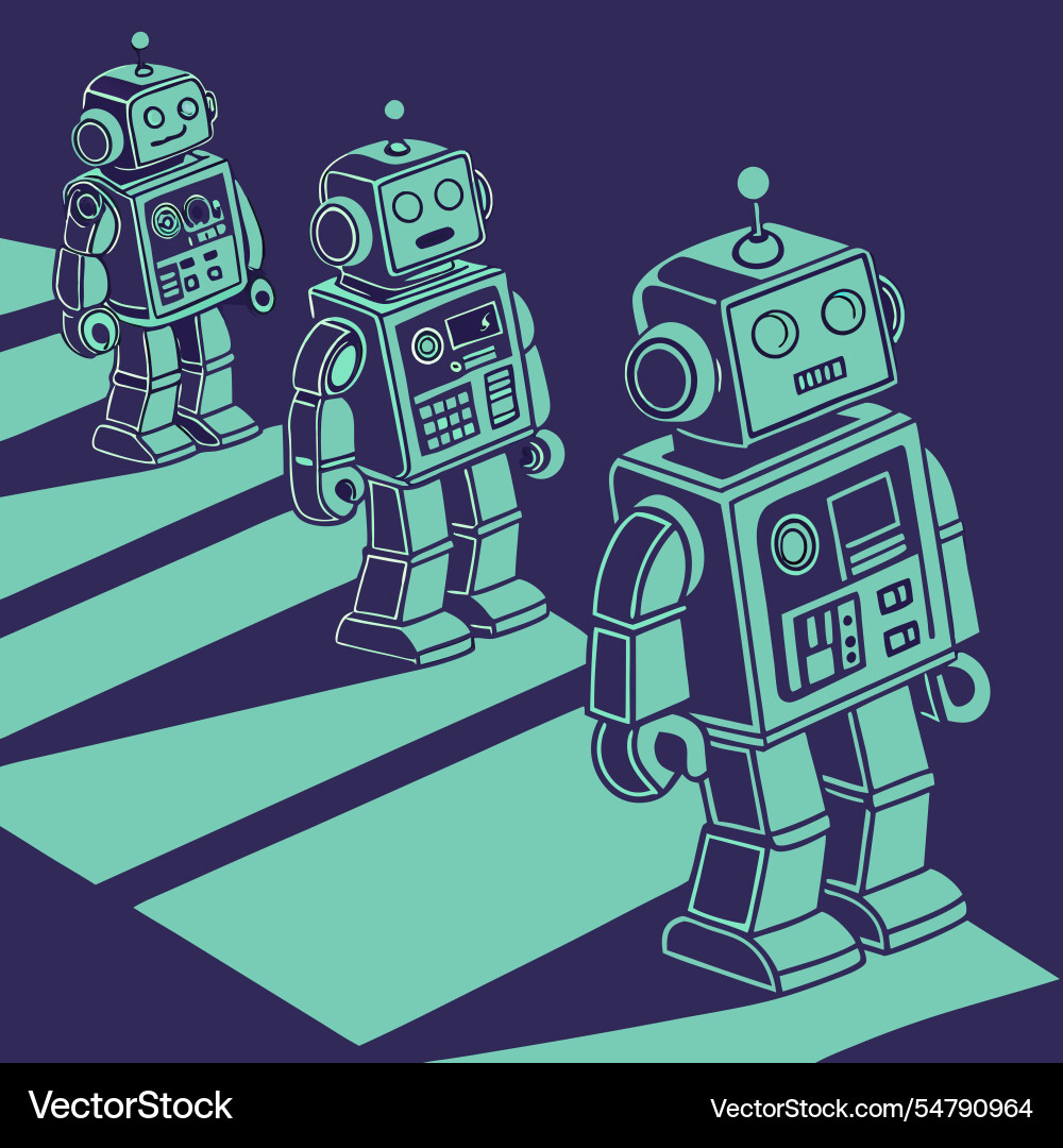 Retro futuristic robots in repeating rows Vector Image