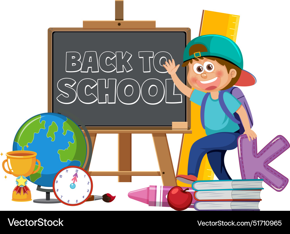 Child with school supplies and chalkboard Vector Image