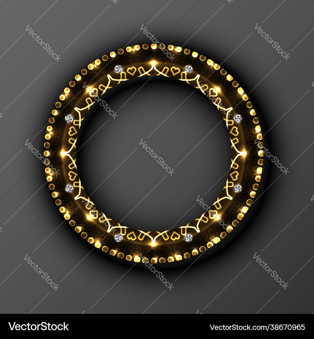 Golden round frame with neon sparkling pattern vector image