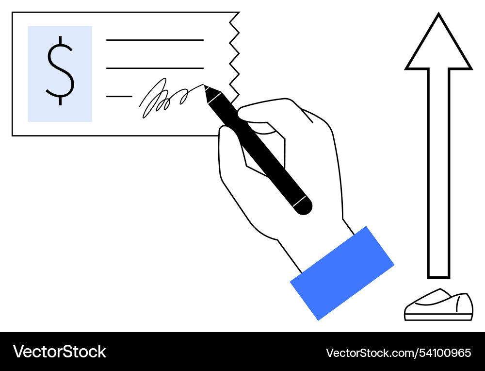 Hand signing a check with an upward arrow Hand signing a check with an upward arrow vector image