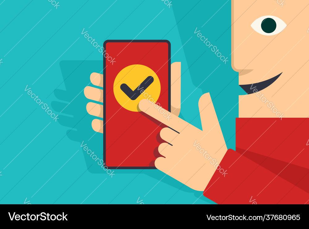 Happy man with phone showing to check mark Happy man with phone showing to check mark vector image