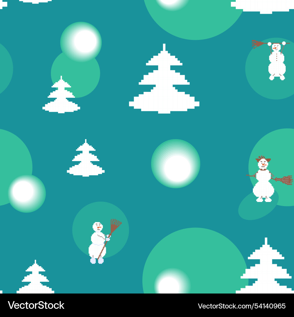 Pixel pattern with snowmen and fir trees vector image
