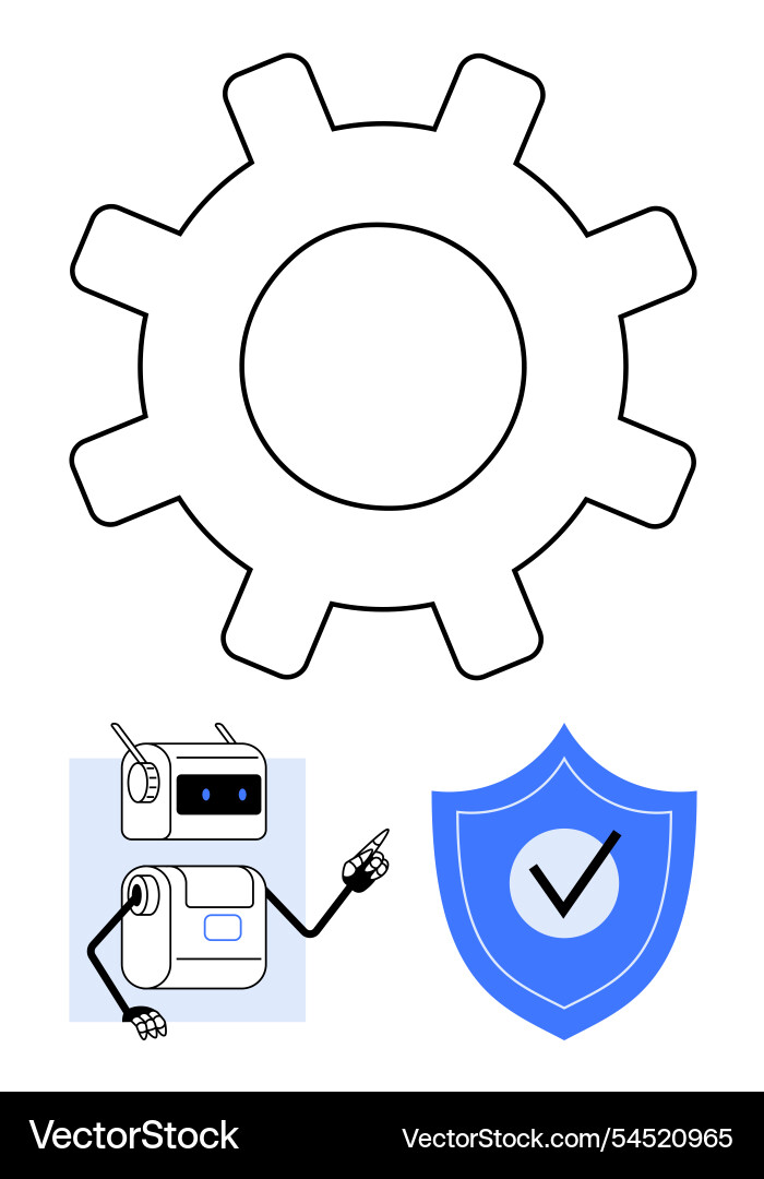 Robot pointing at shield with check mark and gear Robot pointing at shield with check mark and gear vector image