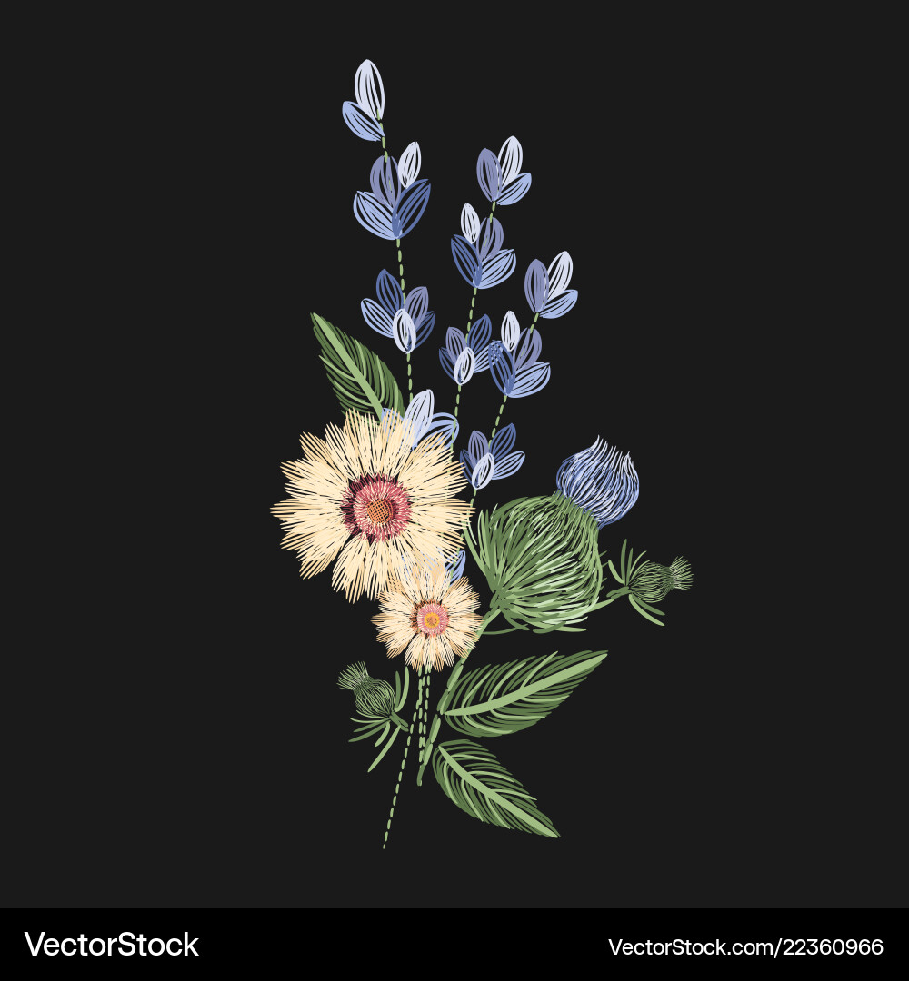 Bouquet of wild flowers embroidered with colorful Bouquet of wild flowers embroidered with colorful vector image