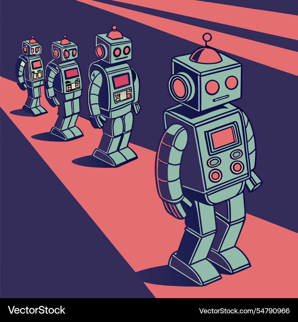Retro futuristische Roboter in Wiederholungsreihen vektorbild