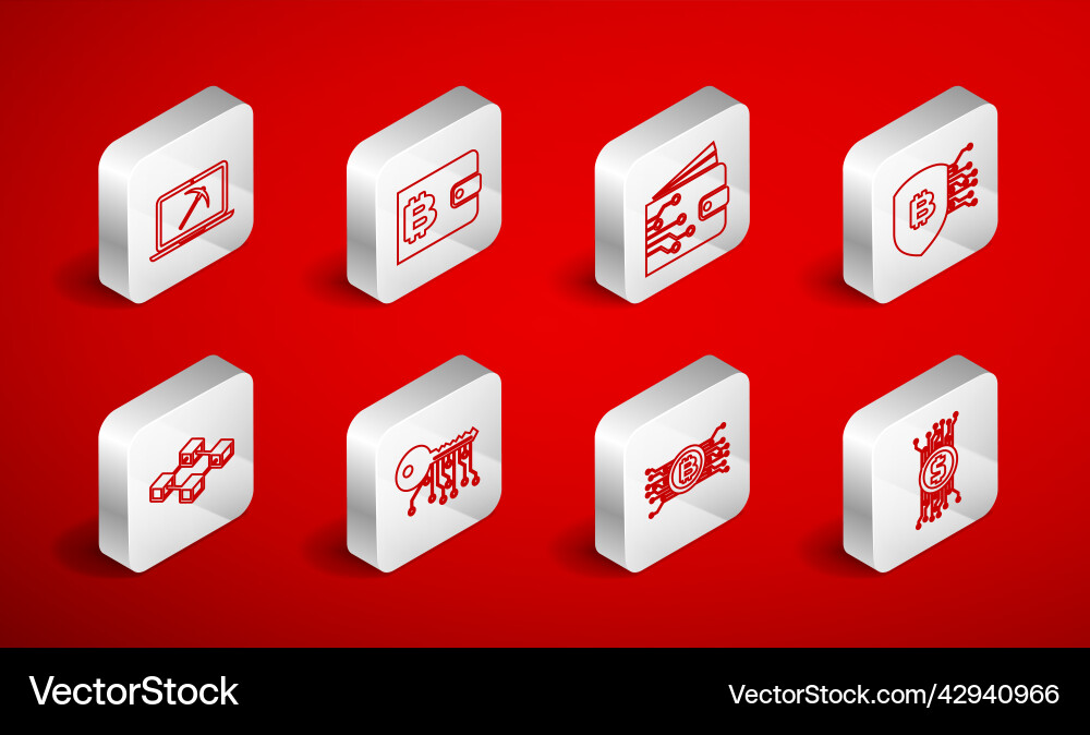 Set line cryptocurrency bitcoin in circuit wallet vector image