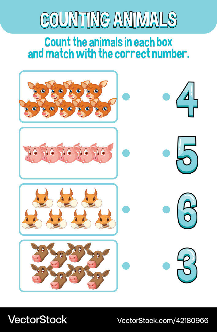 Worksheet design for counting animals Royalty Free Vector