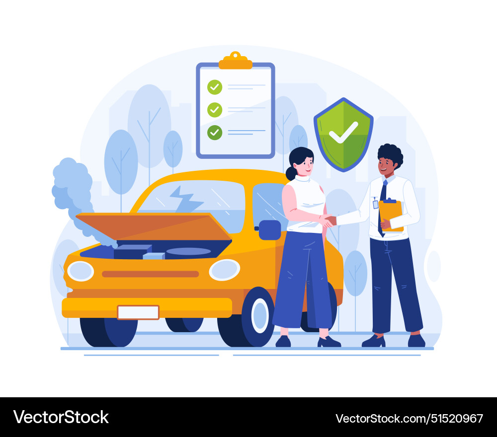 Car insurance concept a girl with her damaged Car insurance concept a girl with her damaged vector image
