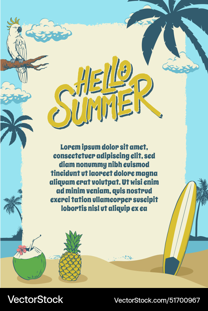 Hello summer frame design with beach background vector image