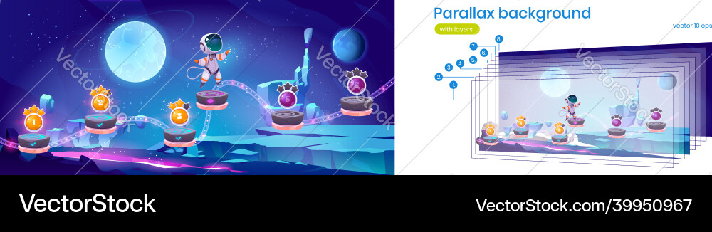 Mobile space arcade game parallax with astronaut Mobile space arcade game parallax with astronaut vector image