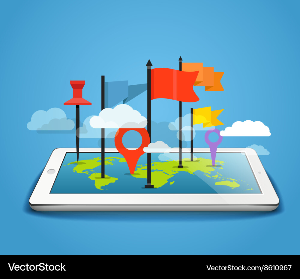Modern tablet computer with the earth map and pins vector image
