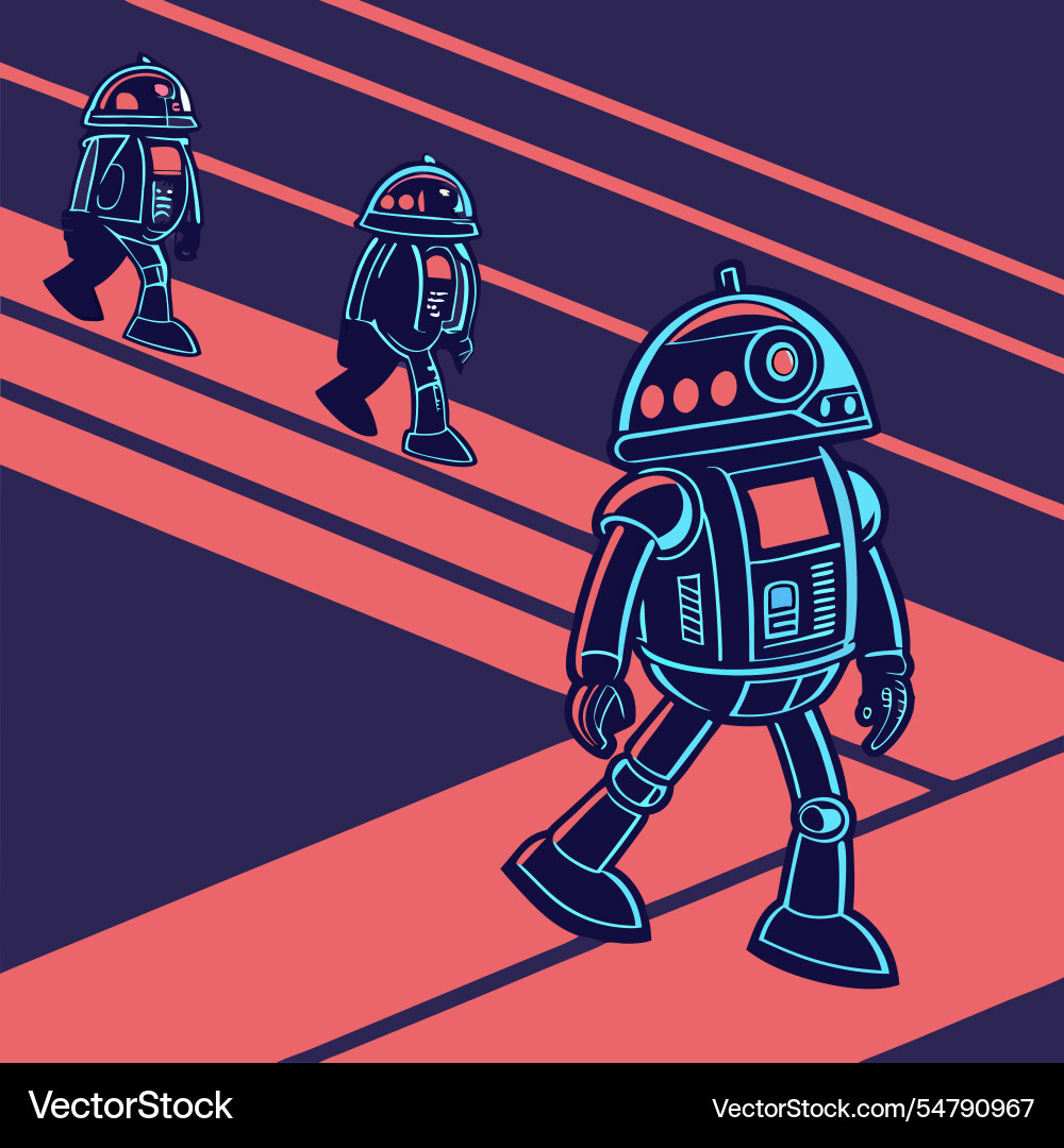 Retro futuristic robots in repeating rows vector image