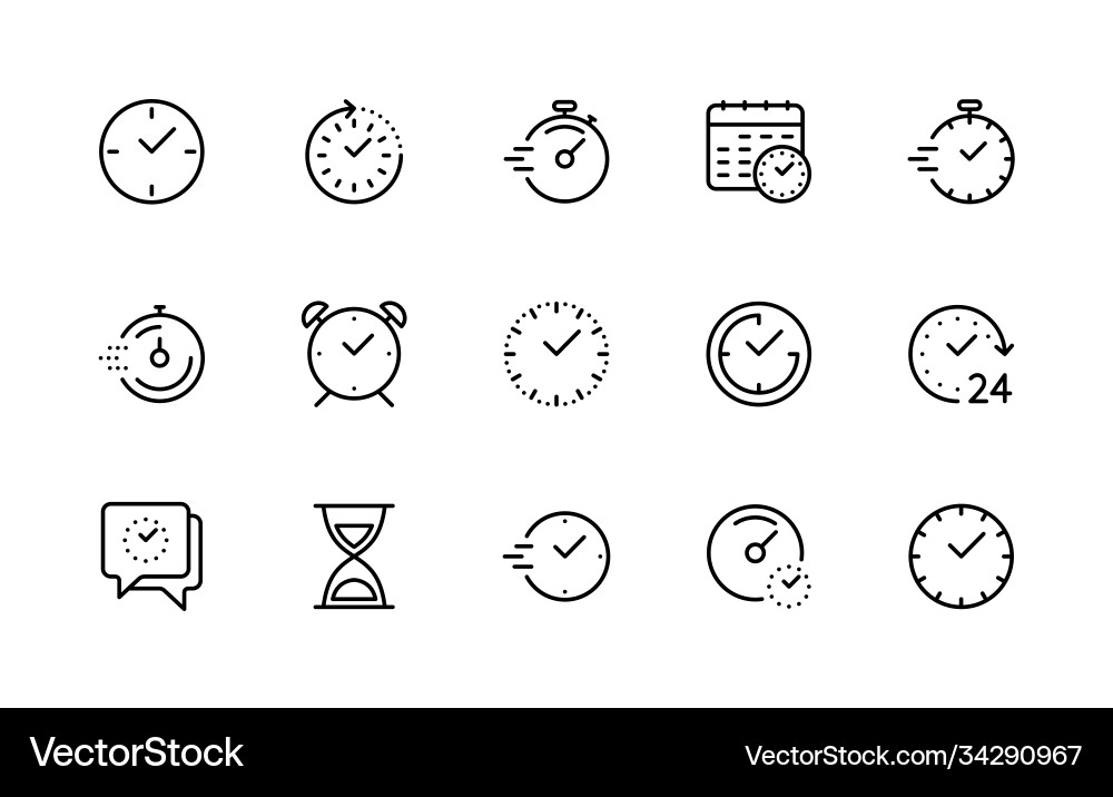 Time and clock linear icons set watch Time and clock linear icons set watch Vector Image