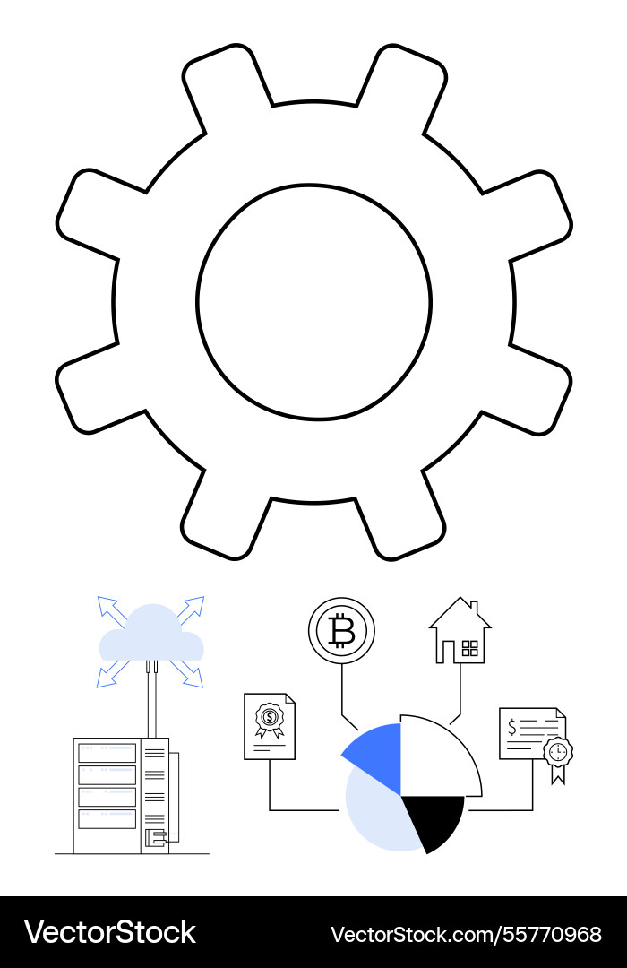 Gear with cloud server bitcoin pie chart Gear with cloud server bitcoin pie chart vector image
