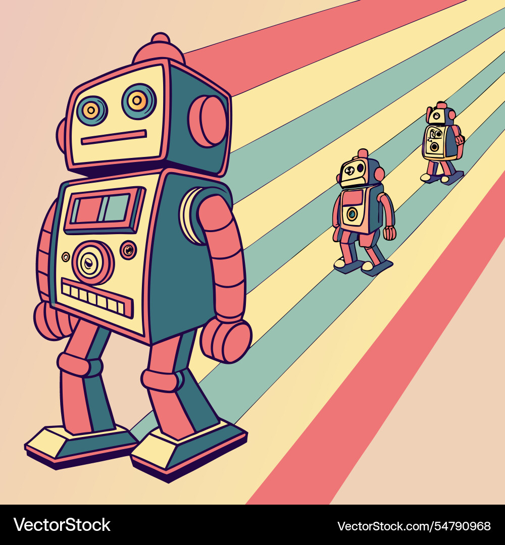 Retro futuristic robots in repeating rows vector image