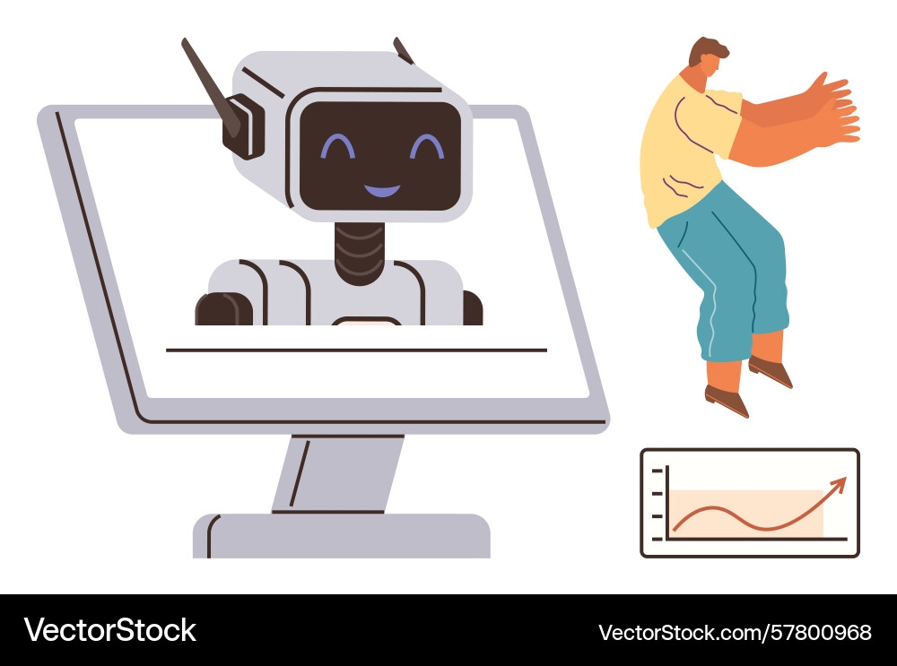 Robot on a computer screen interacting with human vector image