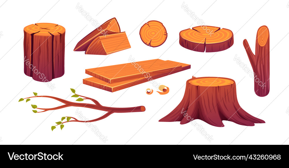 Set firewood wooden logs slices axe in stump vector image