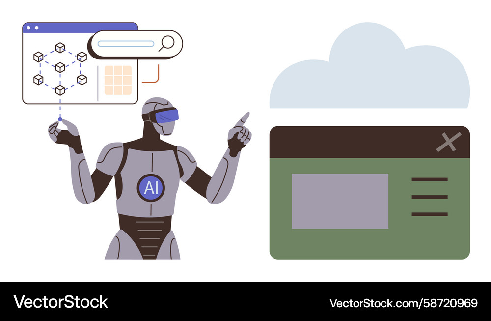 Ai-powered robot interacting with data screen Ai-powered robot interacting with data screen Vector Image