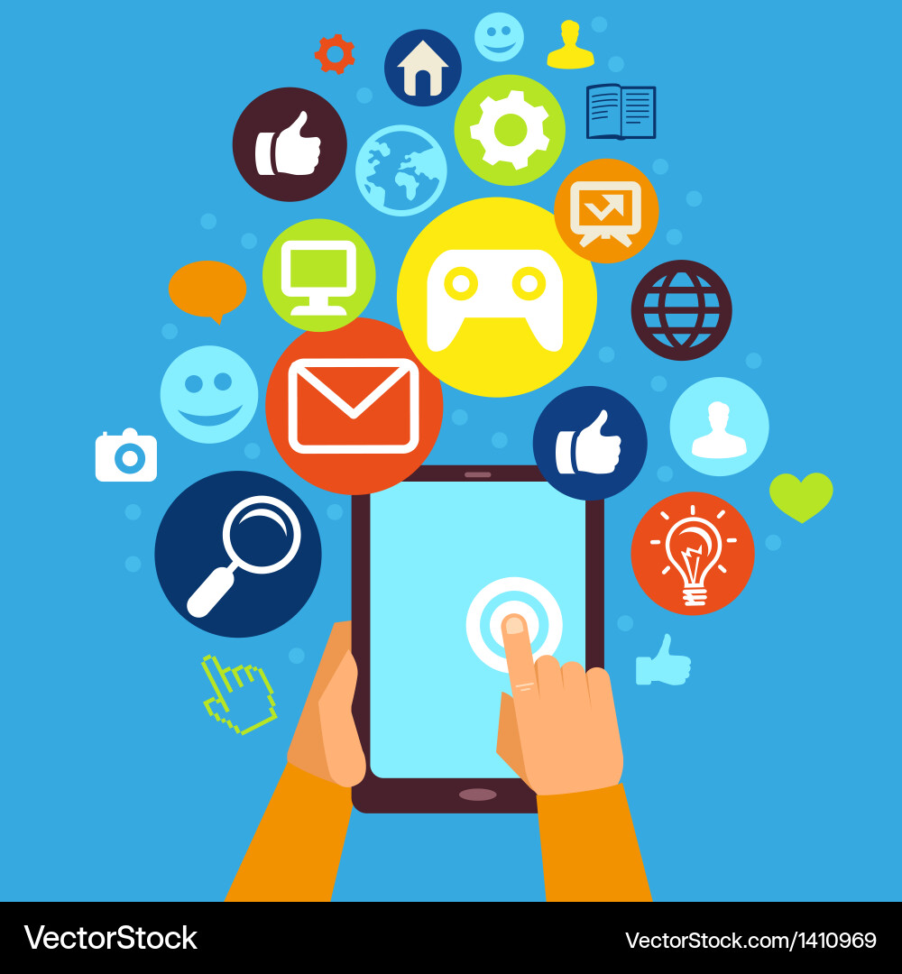 Hands Using Tablet with Internet Icons vector image