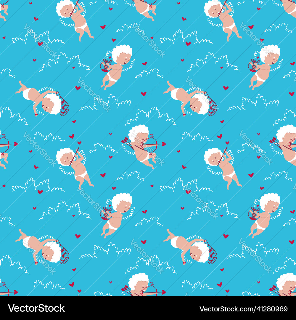 Seamless pattern of cupids flying in the clouds vector image