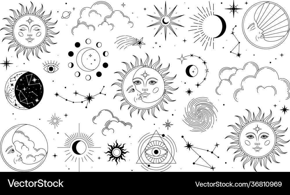 Set sun moon stars clouds constellations