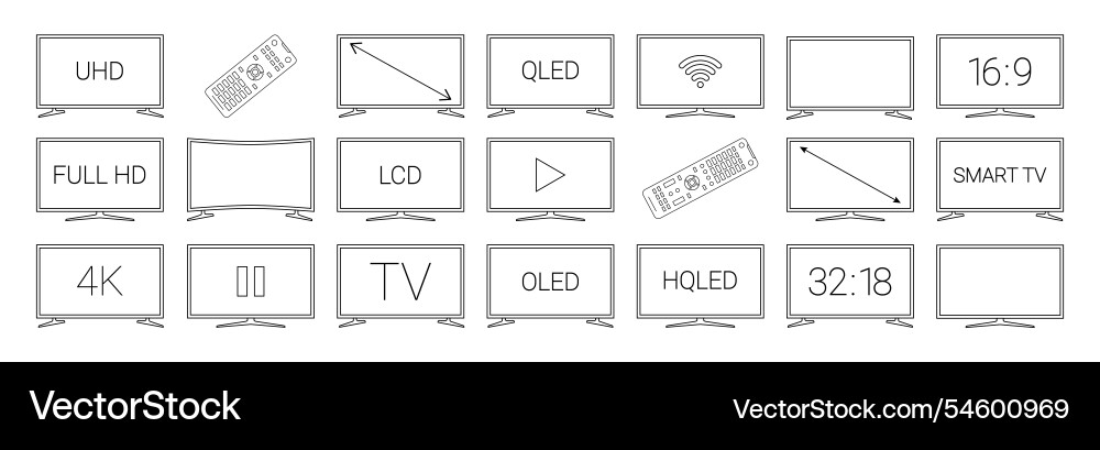 Tv black line icon set different types Tv black line icon set different types vector image