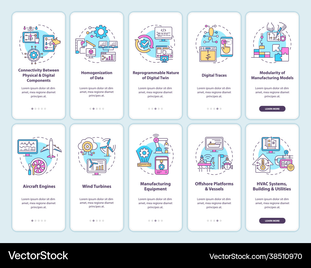 Digital twin onboarding mobile app page screen set Digital twin onboarding mobile app page screen set Vector Image
