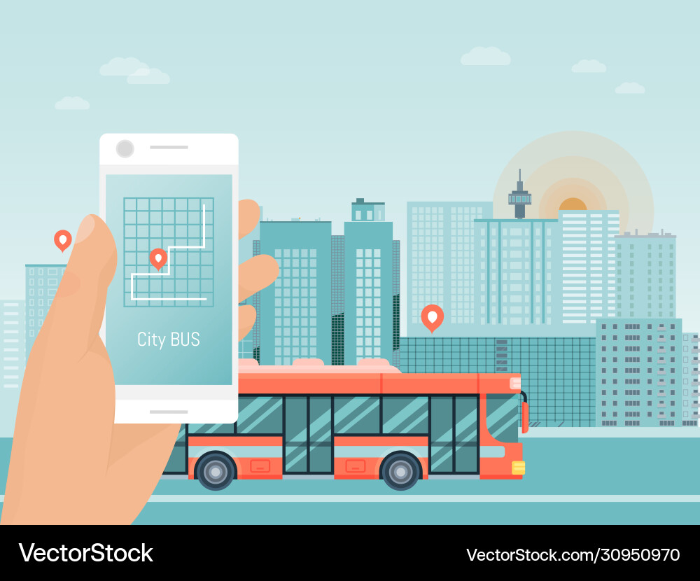 Hand halten Smartphone App Stadt Bus Reise Tour Hand halten Smartphone App Stadt Bus Reise Tour vektorbild