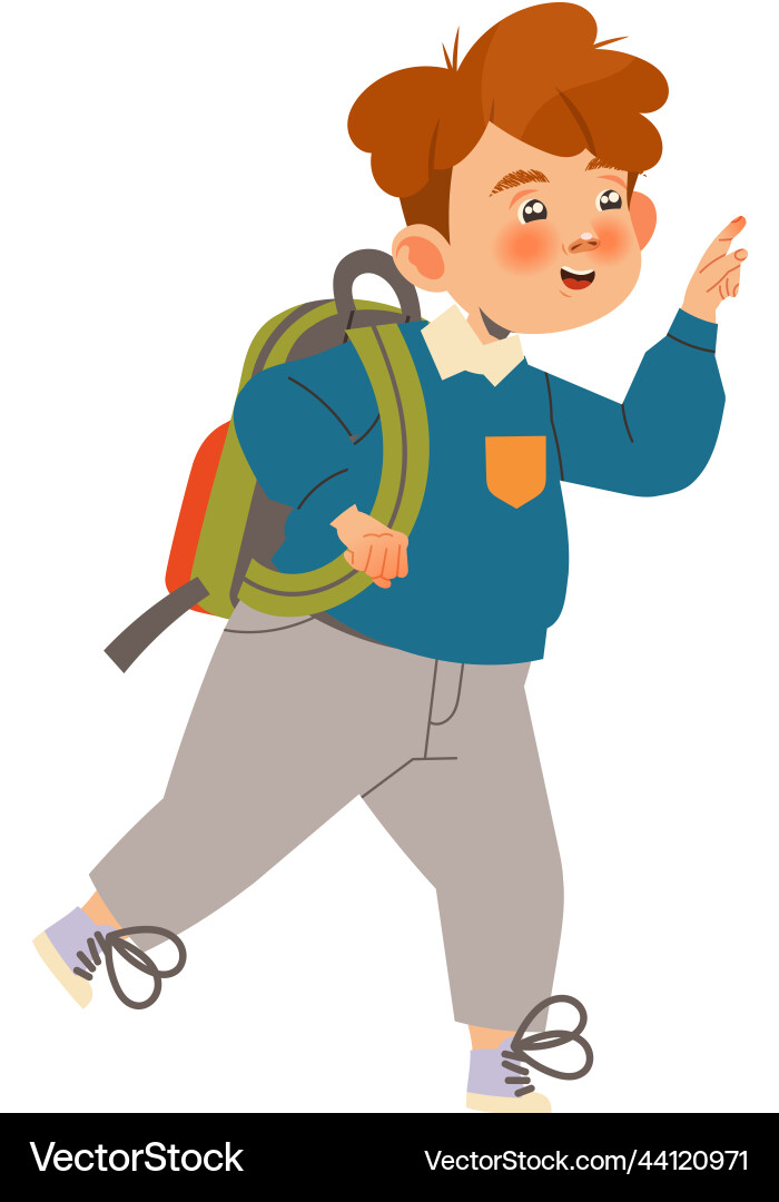 Boy first grader with backpack cheering and having vector image