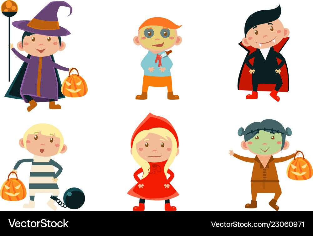 Children in colorful halloween costumes set kids Children in colorful halloween costumes set kids vector image