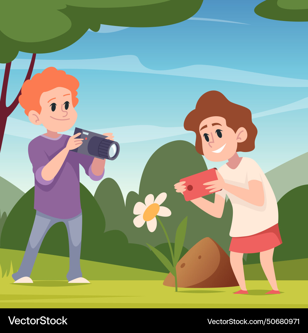 Kinder Fotografen Junge und Mädchen machen Foto Kinder Fotografen Junge und Mädchen machen Foto vektorbild