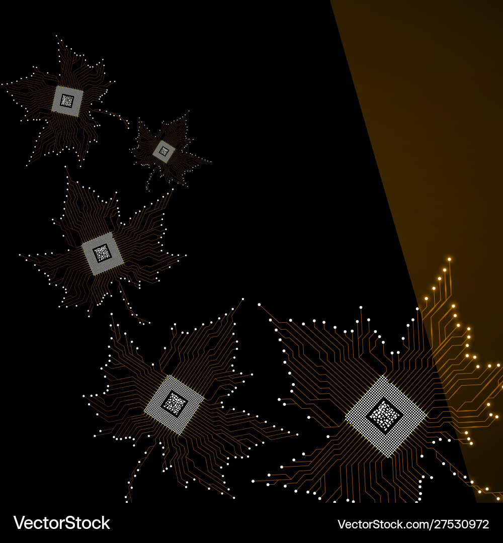 Abstract neon maple leaves with microprocessor Vector Image