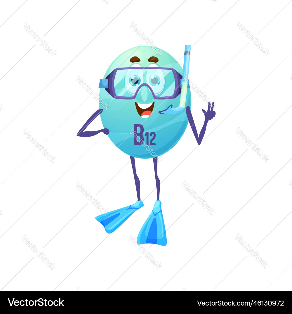 Cartoon vitamin b12 with fins and diving mask Cartoon vitamin b12 with fins and diving mask vector image