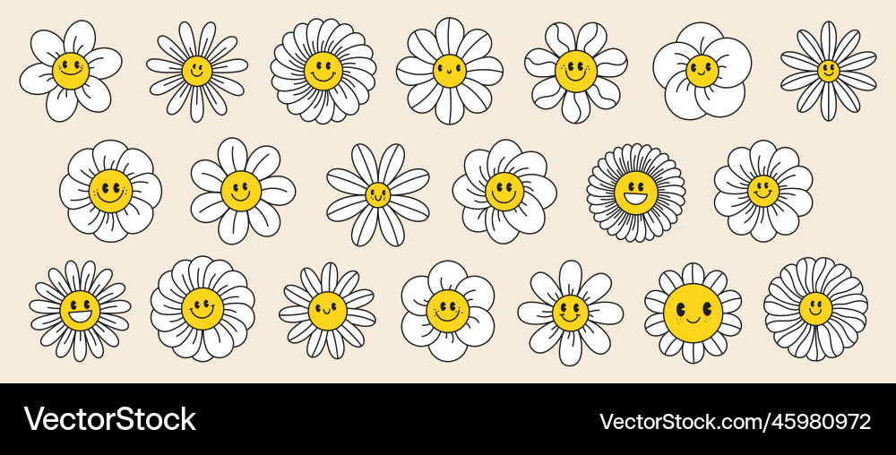 Groovy daisy flowers face collection retro Groovy daisy flowers face collection retro vector image