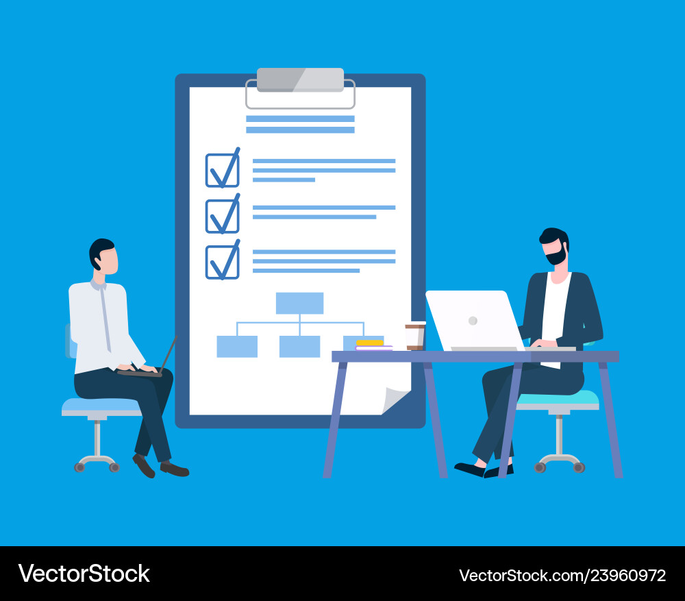List with check marks on notepad businessmen List with check marks on notepad businessmen vector image