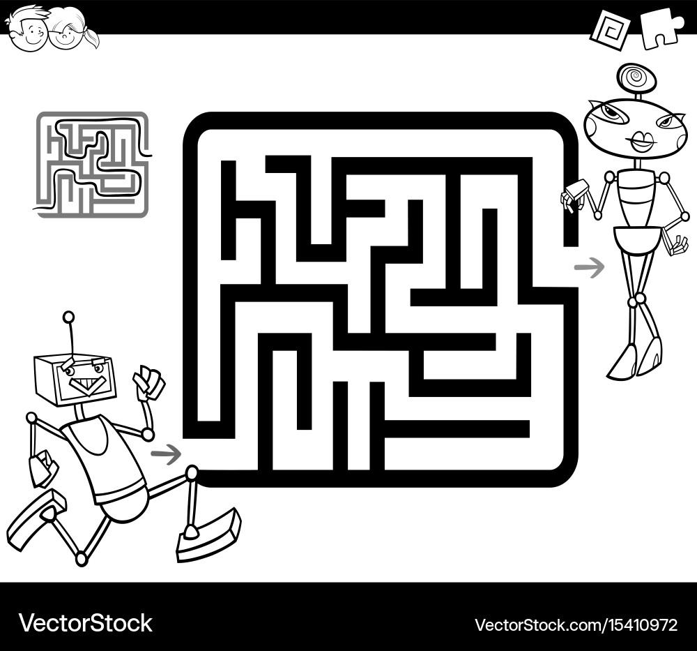 Maze with robots coloring page vector image