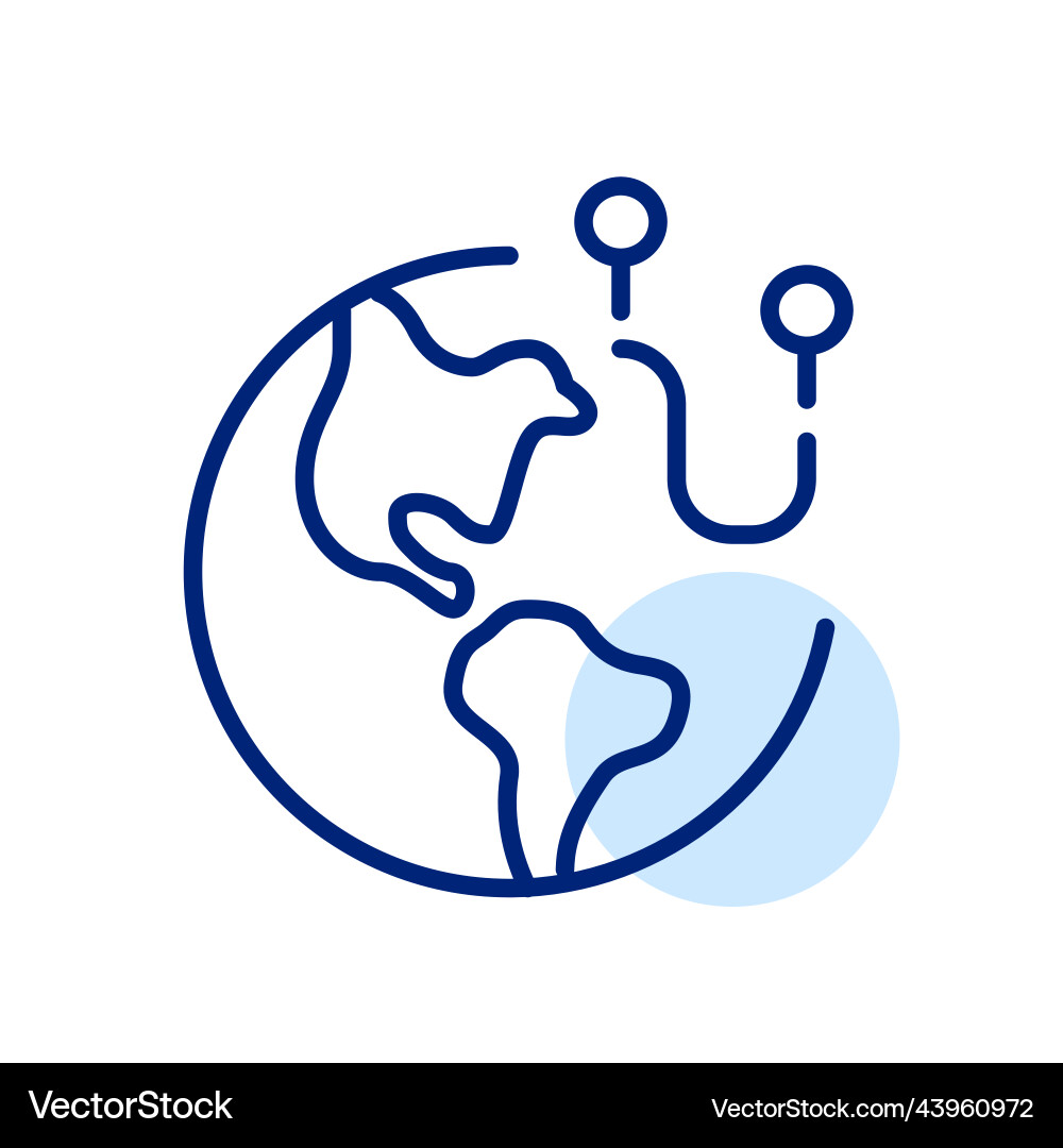 Path between location pins on earth globe pixel Path between location pins on earth globe pixel vector image